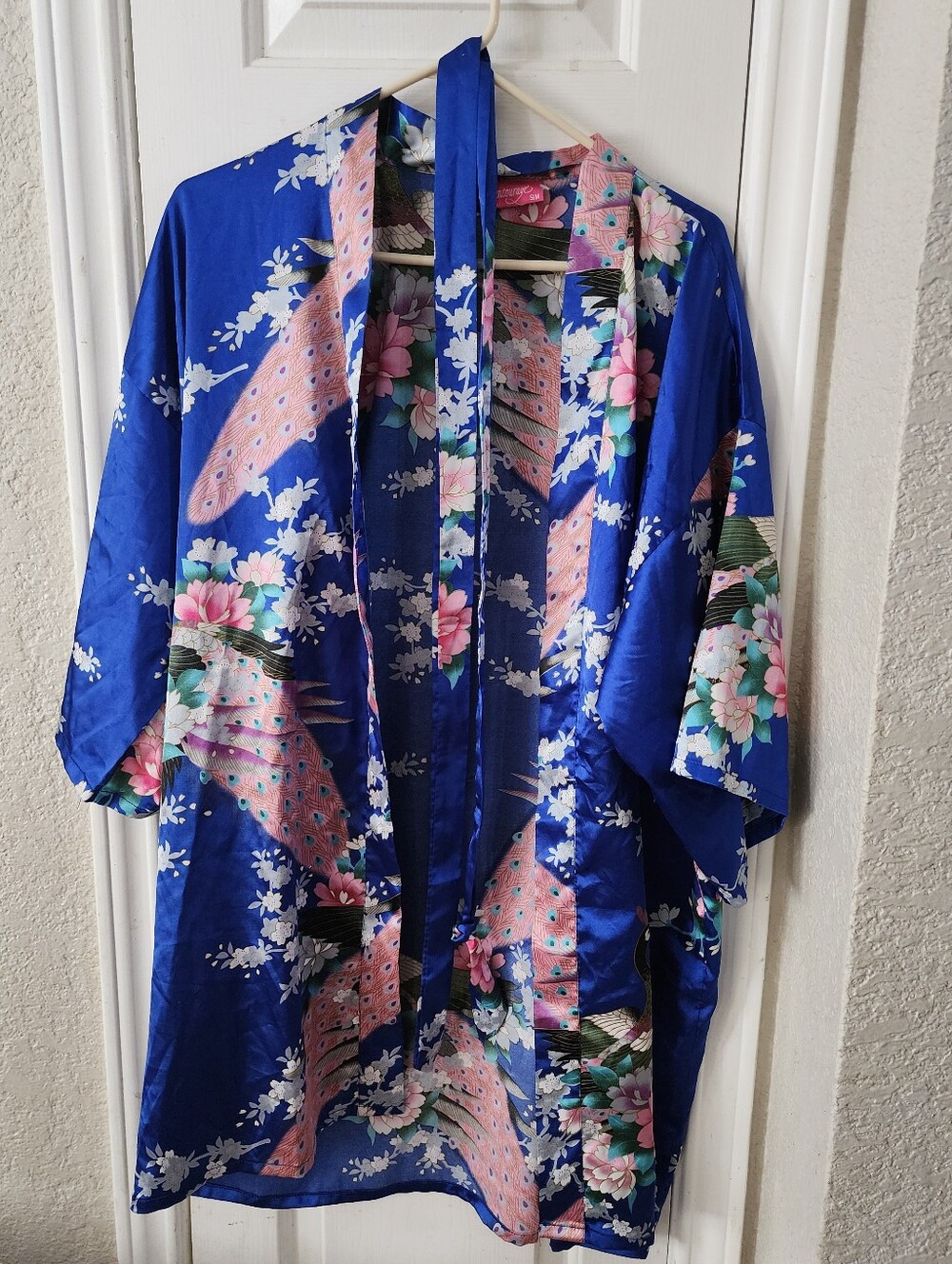Women's Blue Floral Satin Kimono Robe with Pink Accents And Peacocks